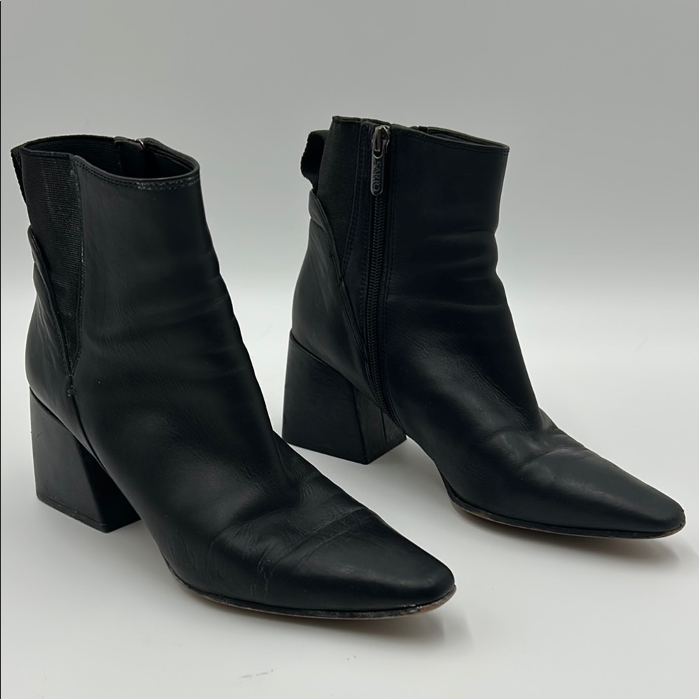 Sarto Brynn Leather Ankle Boots Women's 8.5M Black Block Heel Zip Up Booties